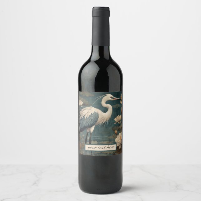 Vintage botanical blue crane customizable  wine label (Front)