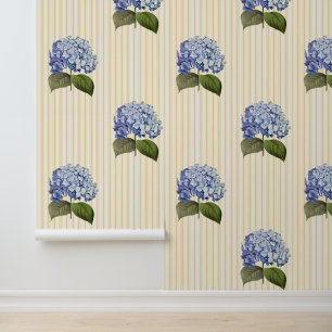 Vintage Botanical Blue Hydrangea Flower Stripe Wallpaper