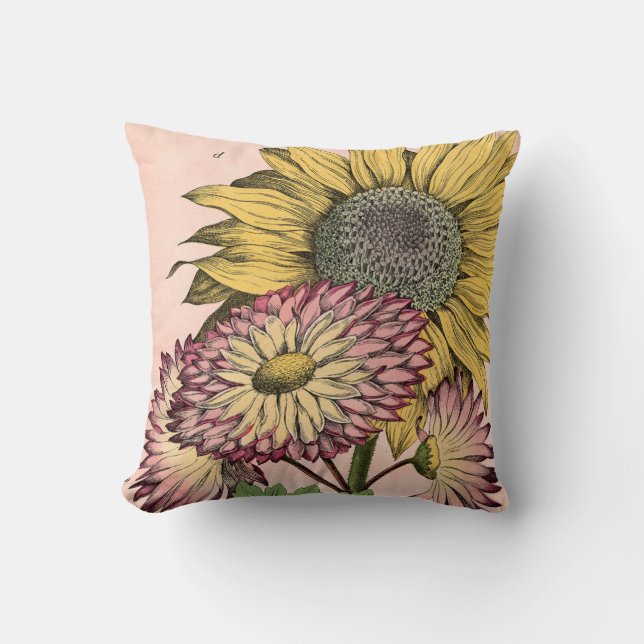 Vintage Botanical Bouquet on Pink Throw Pillow (Front)
