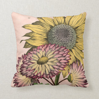 Vintage Botanical Bouquet on Pink Throw Pillow