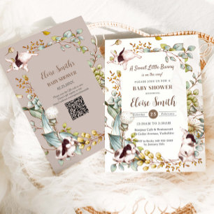 Vintage Botanical Bunny Rabbits Baby Shower QR Invitation