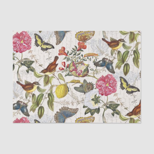Vintage Botanical Butterflies & Birds Tissue Paper (Front)