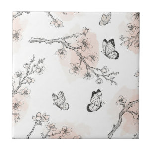 Vintage Botanical Butterfly Toile Pattern (10) Tile