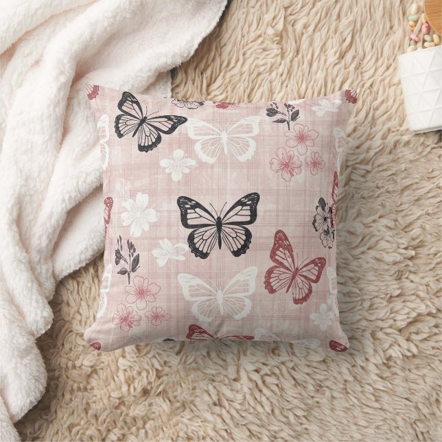 Vintage Botanical Butterfly Toile Pattern (1) Throw Pillow (Blanket)
