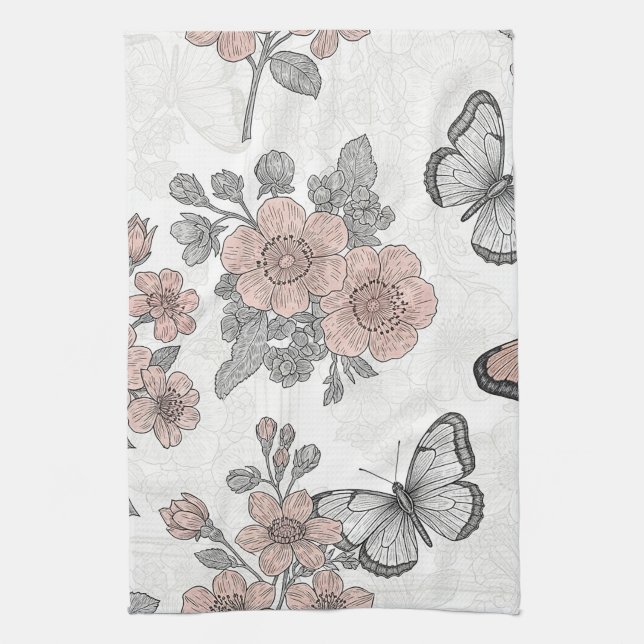 Vintage Botanical Butterfly Toile Pattern (2) Kitchen Towel (Vertical)