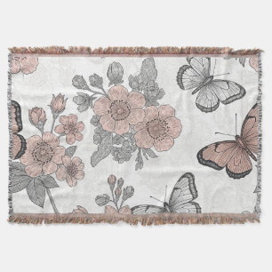 Vintage Botanical Butterfly Toile Pattern (2) Throw Blanket