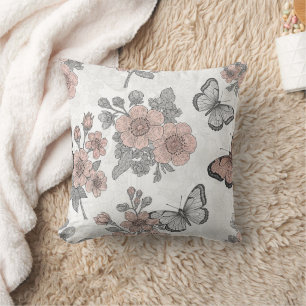 Vintage Botanical Butterfly Toile Pattern (2) Throw Pillow