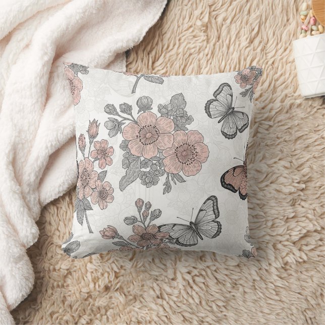 Vintage Botanical Butterfly Toile Pattern (2) Throw Pillow (Blanket)