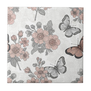 Vintage Botanical Butterfly Toile Pattern (2) Tile
