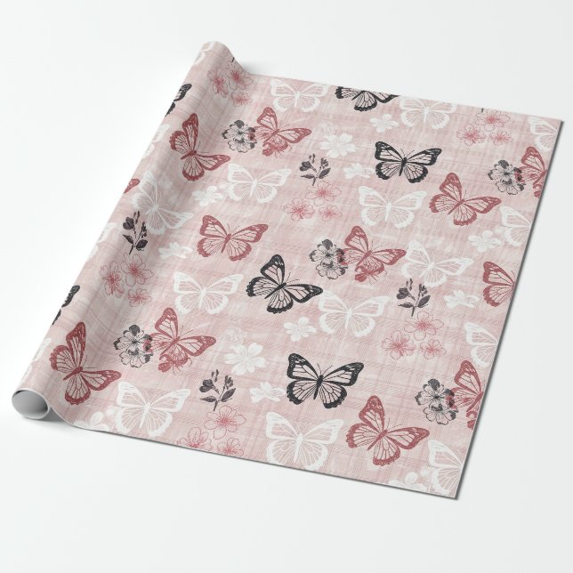 Vintage Botanical Butterfly Toile Pattern (2) Wrapping Paper (Unrolled)