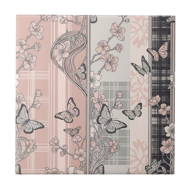 Vintage Botanical Butterfly Toile Pattern (4) Tile (Front)