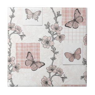 Vintage Botanical Butterfly Toile Pattern (5) Tile