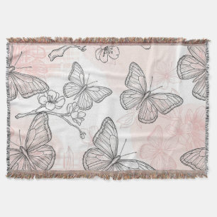 Vintage Botanical Butterfly Toile Pattern (6) Throw Blanket