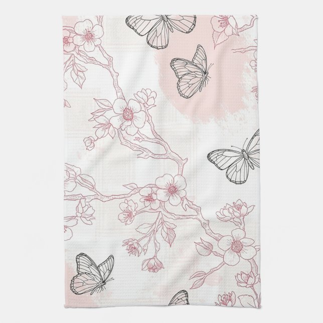 Vintage Botanical Butterfly Toile Pattern (8) Kitchen Towel (Vertical)