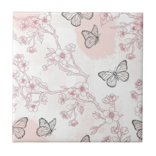 Vintage Botanical Butterfly Toile Pattern (8) Tile