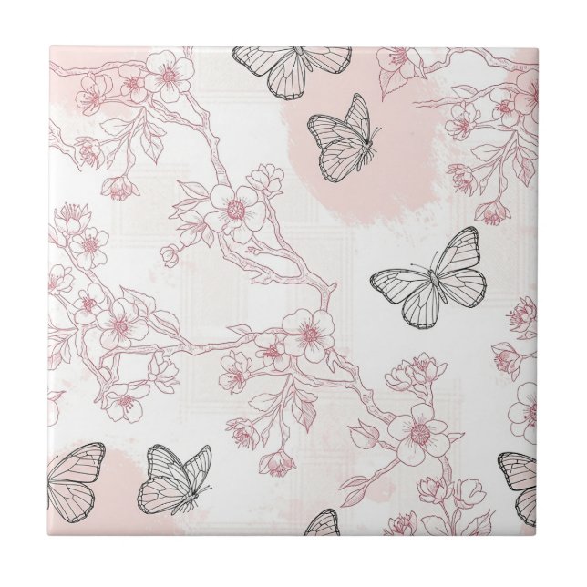 Vintage Botanical Butterfly Toile Pattern (8) Tile (Front)