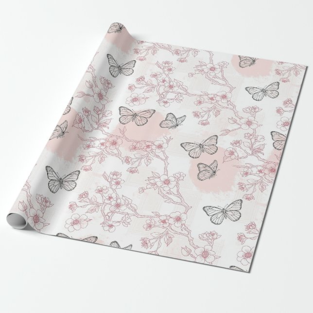 Vintage Botanical Butterfly Toile Pattern (8) Wrapping Paper (Unrolled)