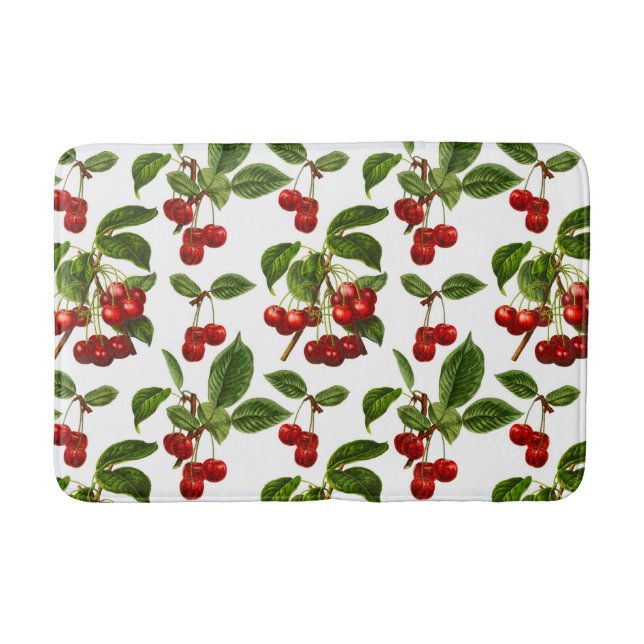 Vintage Botanical Cherries Print on White Bath Mat (Front)