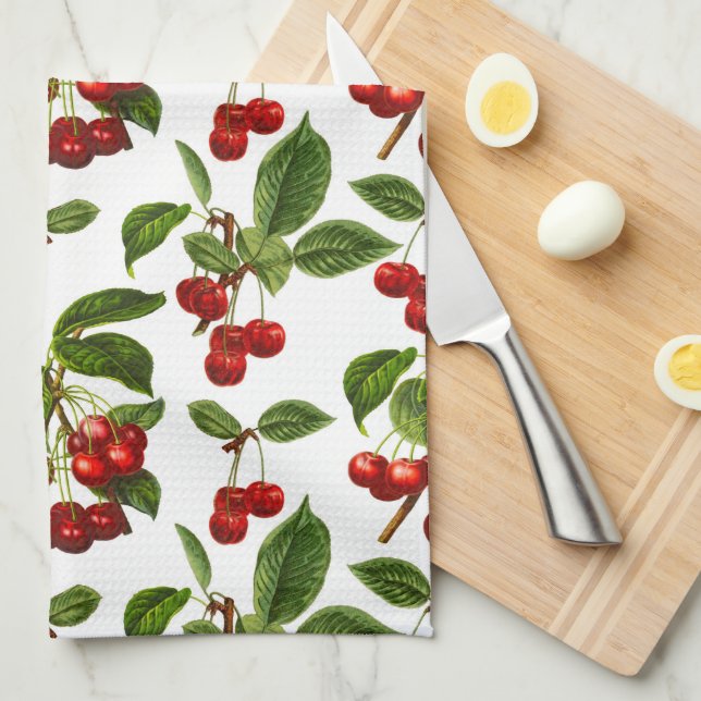 Vintage Botanical Cherries Print on White Kitchen Towel (Quarter Fold)