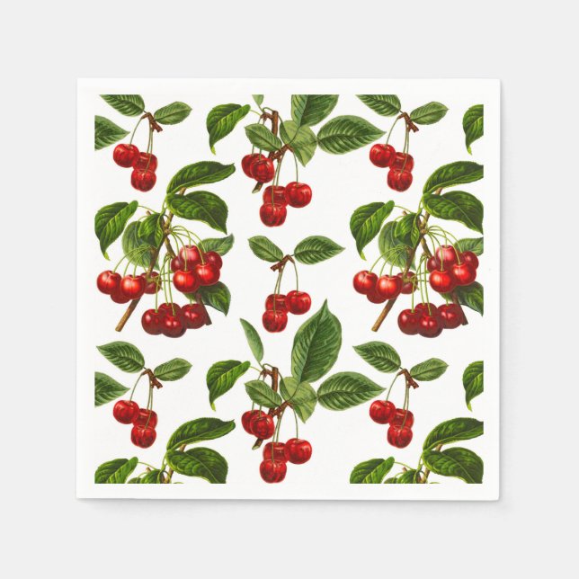 Vintage Botanical Cherries Print on White Napkin (Front)