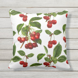 Vintage Botanical Cherries Print on White Outdoor Pillow