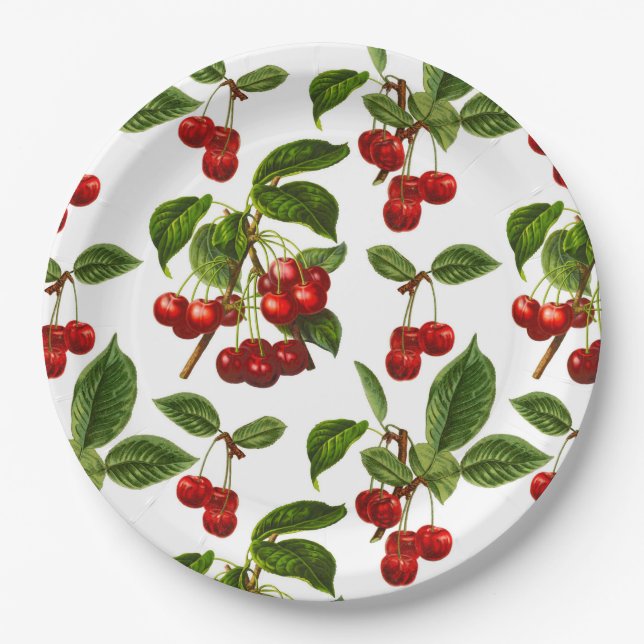 Vintage Botanical Cherries Print on White Paper Plate (Front)