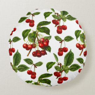 Vintage Botanical Cherries Print on White Round Pillow
