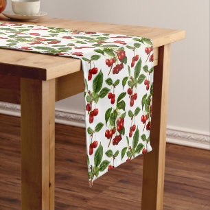 Vintage Botanical Cherries Print on White Short Table Runner