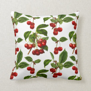 Vintage Botanical Cherries Print on White Throw Pillow