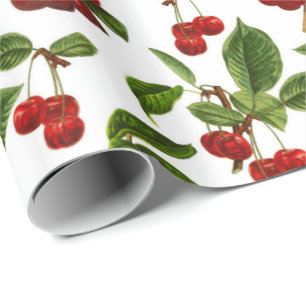 Vintage Botanical Cherries Print on White Wrapping Paper