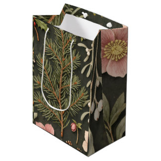 Vintage Botanical Christmas Deep Burgundy Green Medium Gift Bag