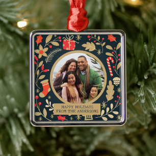 Vintage Botanical Christmas Family Photo Ornament 