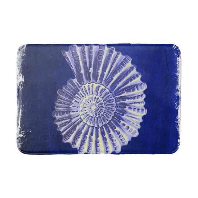 vintage botanical Coastal Blue White seashell Bath Mat (Front)