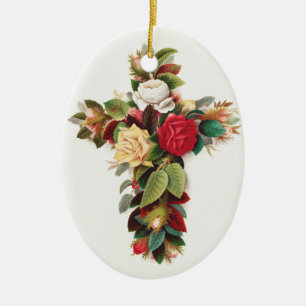 Vintage Botanical Cross of Roses Religious Art Ceramic Ornament