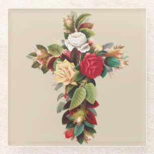 Vintage Botanical Cross of Roses Religious Art Glass Coaster