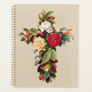 Vintage Botanical Cross of Roses Religious Art Planner
