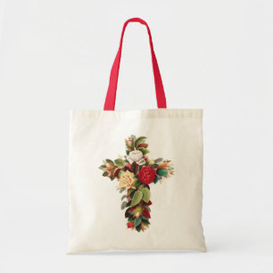 Vintage Botanical Cross of Roses Religious Art Tote Bag