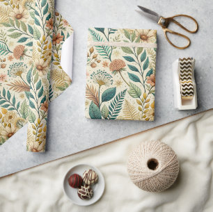 Vintage Botanical Daisy and Leaf Pattern Wrapping Paper