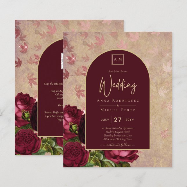 Vintage Botanical Deep Red Roses Wedding Gold Text (Front/Back)