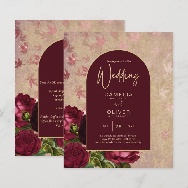 Vintage Botanical Deep Red Roses Wedding Gold Text (Front/Back)