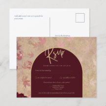 Vintage Botanical Deep Red Roses Wedding Gold Text