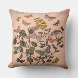 Vintage Botanical Floral Butterflies Rustic Pink Throw Pillow