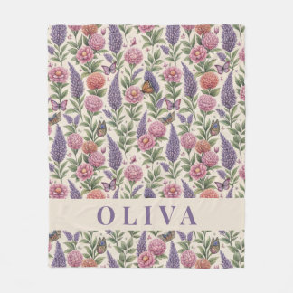 Vintage Botanical Floral Butterfly Garden Fleece Blanket