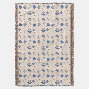 Vintage Botanical Floral Illustration Pattern Blue Throw Blanket