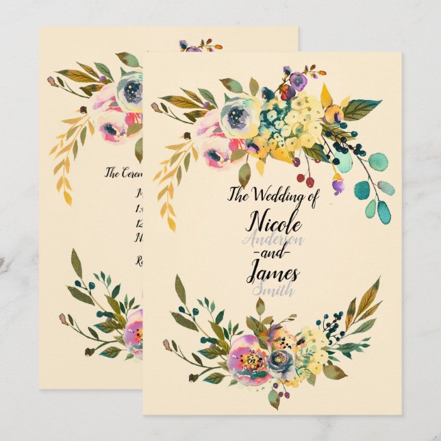 Vintage Botanical Floral Leaves Cream Wedding Invitation (Front/Back)