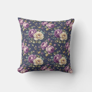 Vintage Botanical Floral - Pink & Purple Roses Throw Pillow