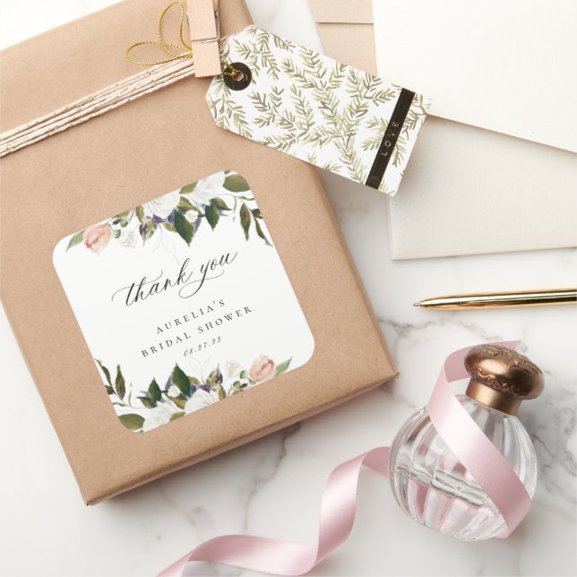 Vintage Botanical Floral Thank You Square Sticker (Gifting)
