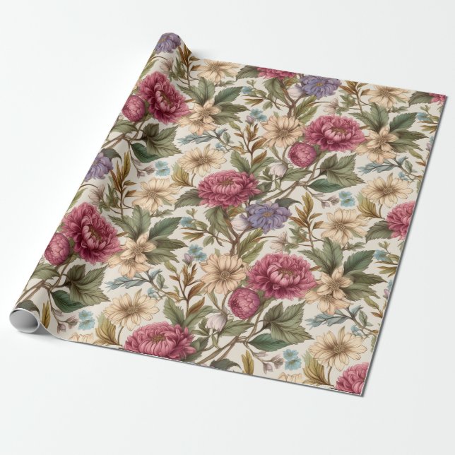 Vintage Botanical Floral Wrapping Paper (Unrolled)