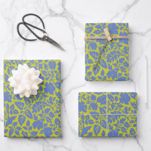 Vintage Botanical Flower Pattern in Lime and Blue Wrapping Paper Sheet