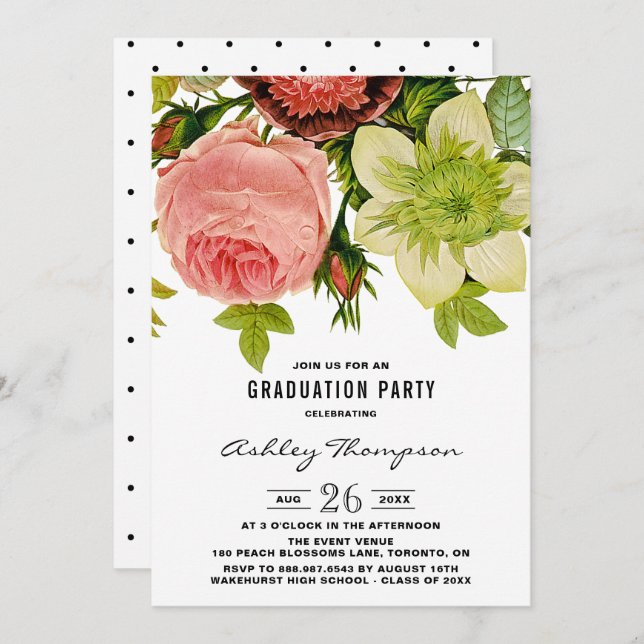 Vintage Botanical Flowers Graduation Party Invitation (Front/Back)